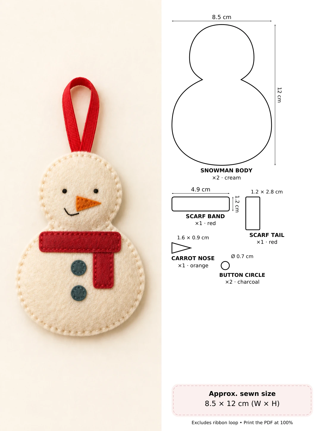Cozy Felt Snowman in soft hand-stitched felt beside measured pattern pieces and cutting counts