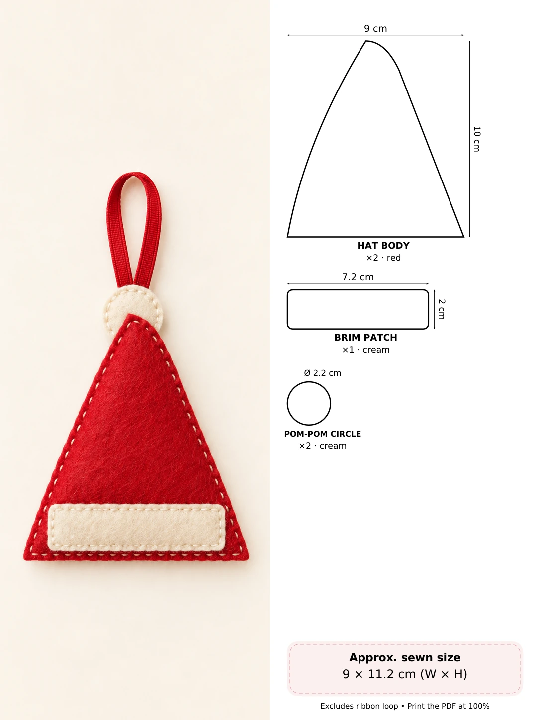 Little Felt Santa Hat in soft hand-stitched felt beside measured pattern pieces and cutting counts