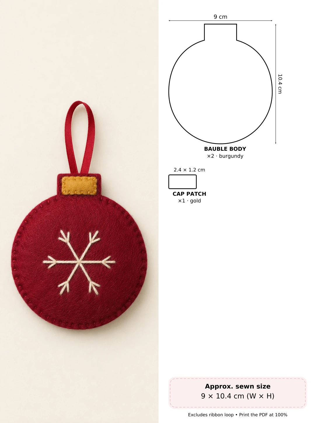 Embroidered Felt Bauble in soft hand-stitched felt beside measured pattern pieces and cutting counts