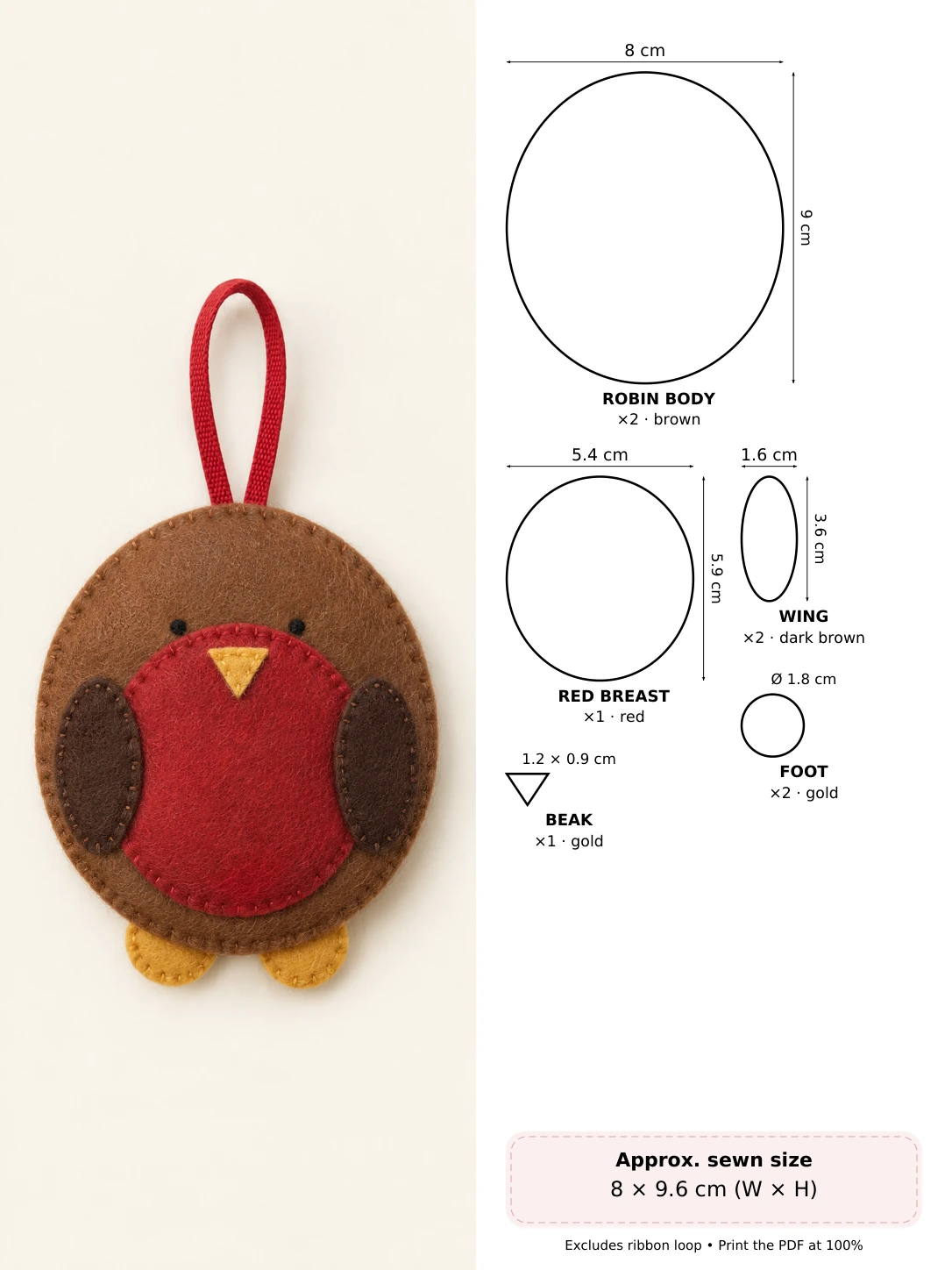 Red-Breasted Felt Robin in soft hand-stitched felt beside measured pattern pieces and cutting counts