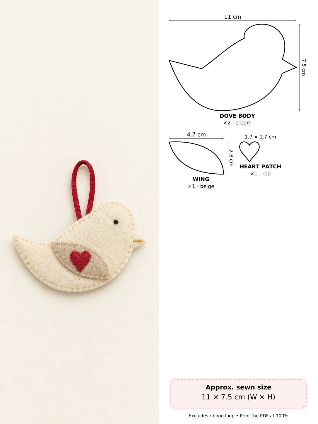 Peaceful Felt Dove in soft hand-stitched felt beside measured pattern pieces and cutting counts
