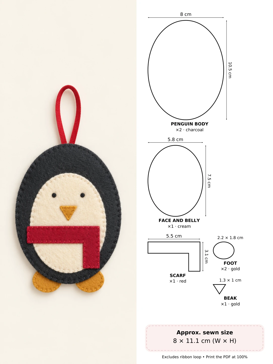 Scarf-Wearing Felt Penguin in soft hand-stitched felt beside measured pattern pieces and cutting counts