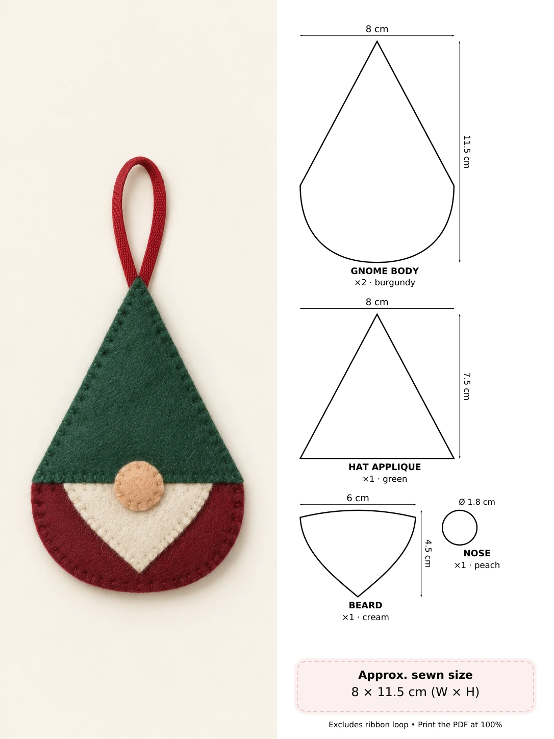 Simple Felt Christmas Gnome in soft hand-stitched felt beside measured pattern pieces and cutting counts