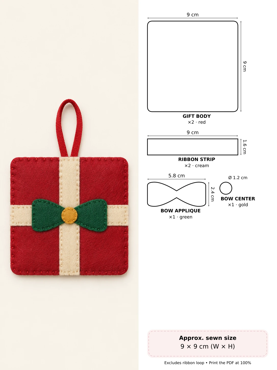 Wrapped Felt Gift in soft hand-stitched felt beside measured pattern pieces and cutting counts