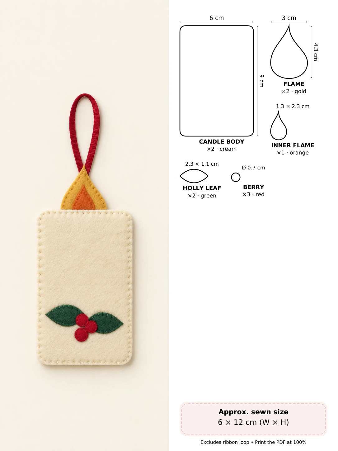 Holly Felt Candle in soft hand-stitched felt beside measured pattern pieces and cutting counts