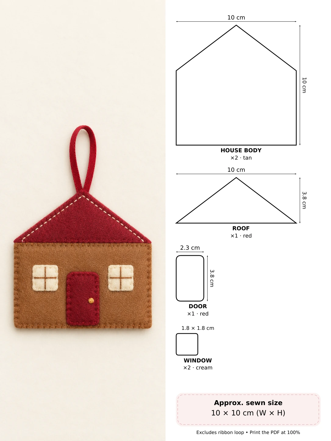 Gingerbread Felt House in soft hand-stitched felt beside measured pattern pieces and cutting counts