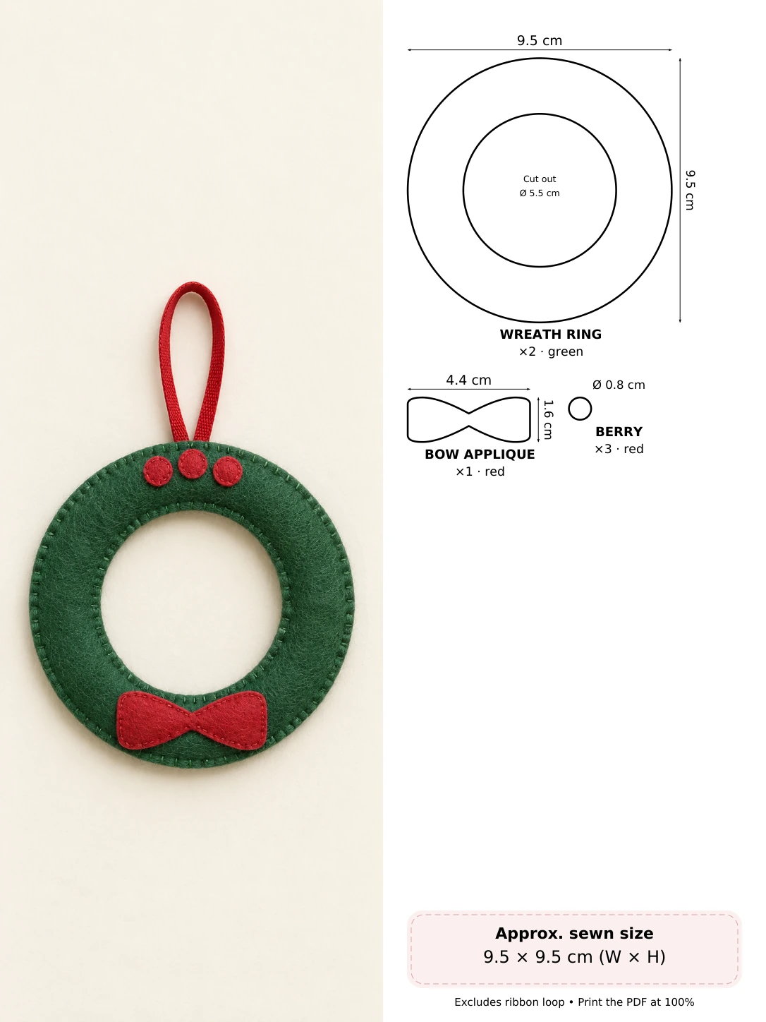 Little Felt Wreath in soft hand-stitched felt beside measured pattern pieces and cutting counts