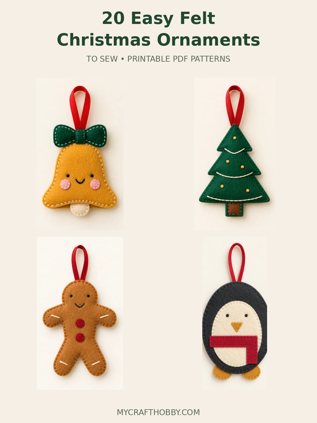 Felt bell, Christmas tree, gingerbread person, and penguin ornaments with printable sewing patterns