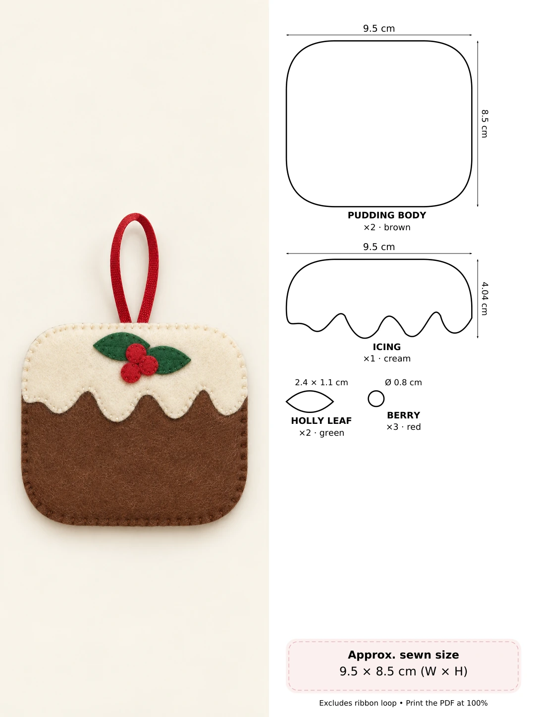 Felt Christmas Pudding in soft hand-stitched felt beside measured pattern pieces and cutting counts