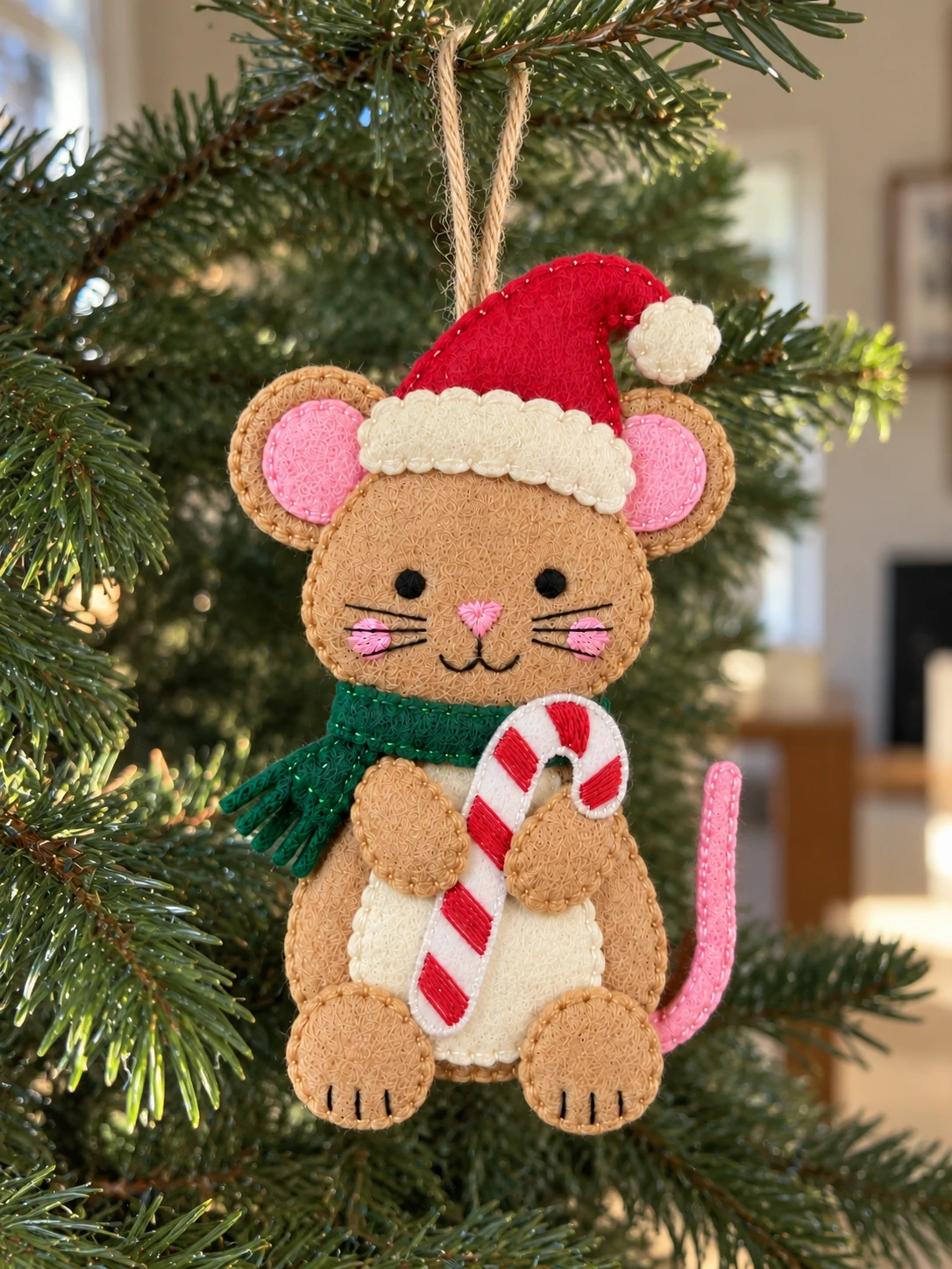 Finished felt Christmas mouse ornament hanging from a tree by its sewn cord loop
