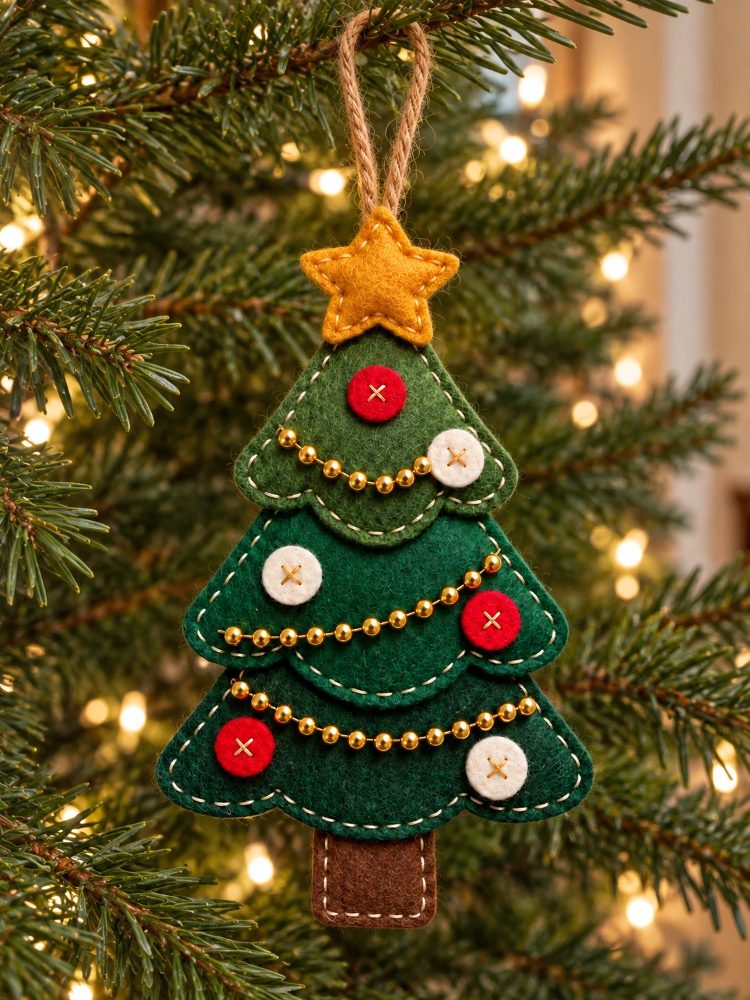Hand-sewn layered felt Christmas tree ornament hanging from a Christmas tree branch