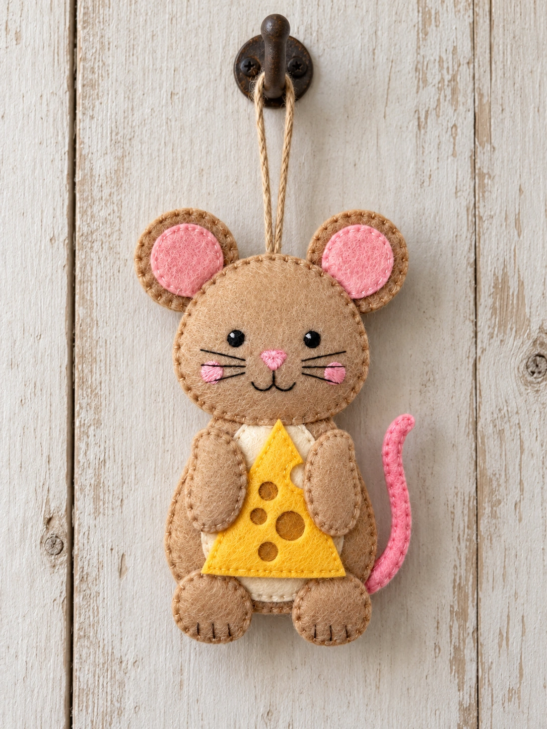 Finished tan felt mouse holding yellow cheese and hanging from its sewn cord loop