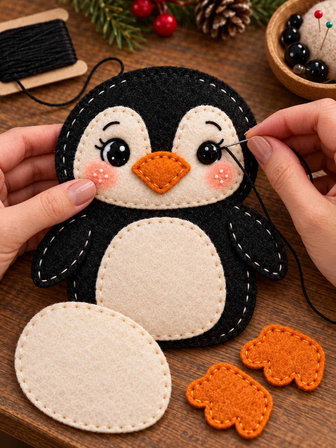 Hands sewing an eye on the cream face patches of a black felt penguin