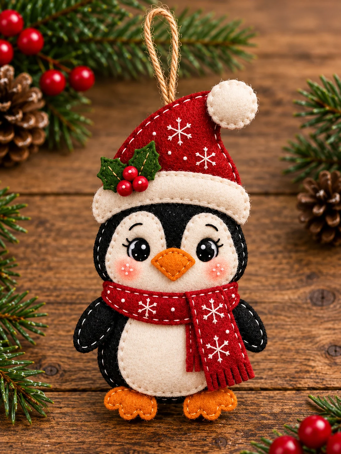 Finished black felt penguin ornament with Santa hat scarf cream face and orange feet on wood table