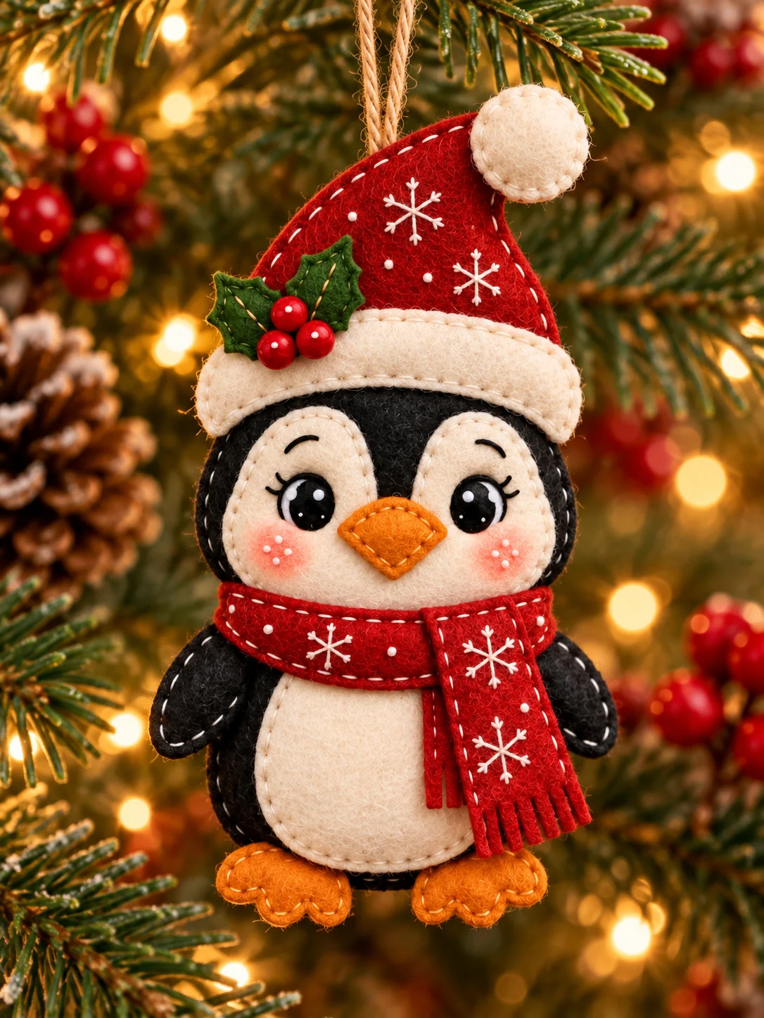 Handmade felt penguin with red Santa hat hanging on a Christmas tree