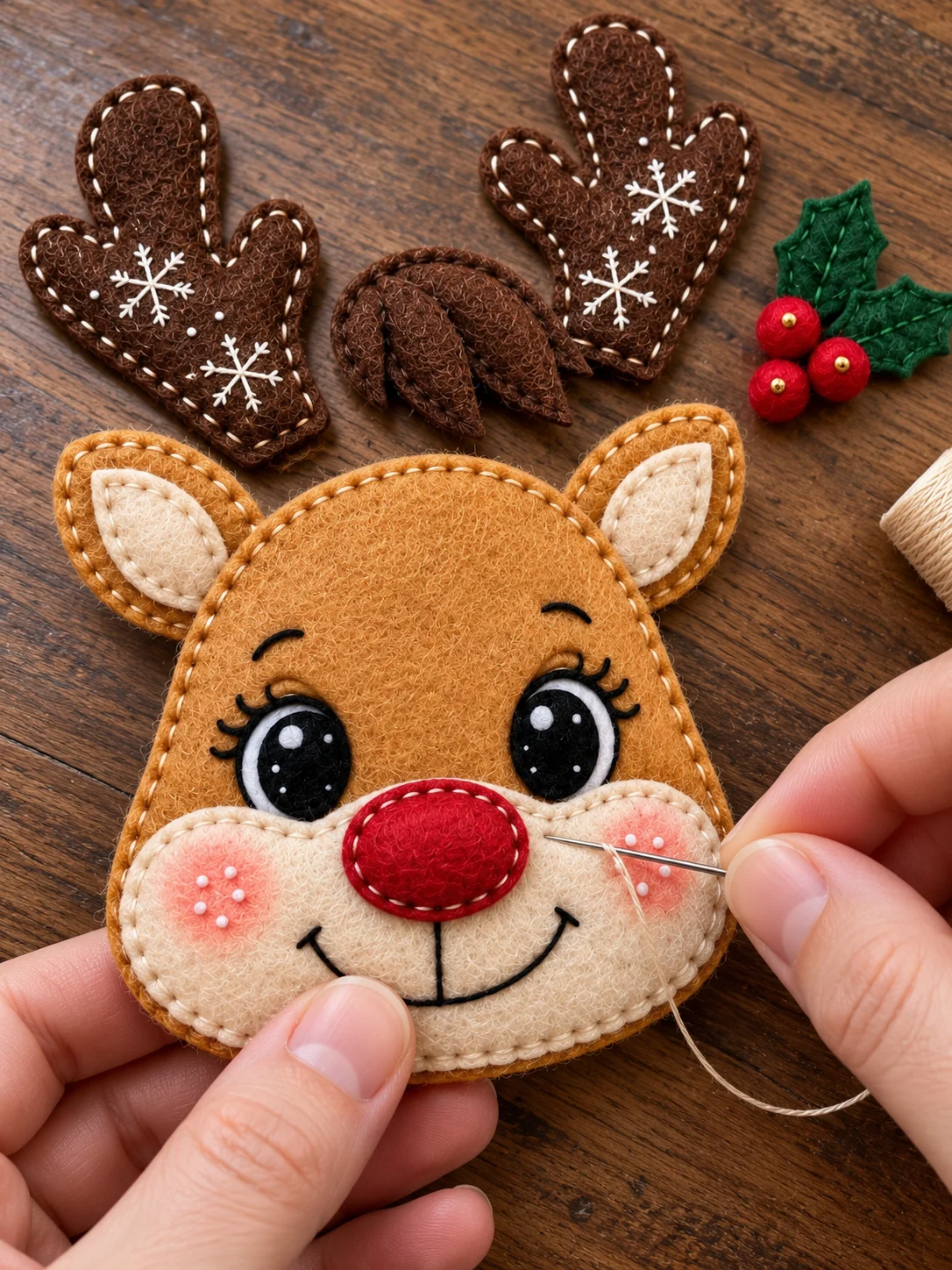 Hand sewing the cream muzzle and red nose on the felt reindeer face