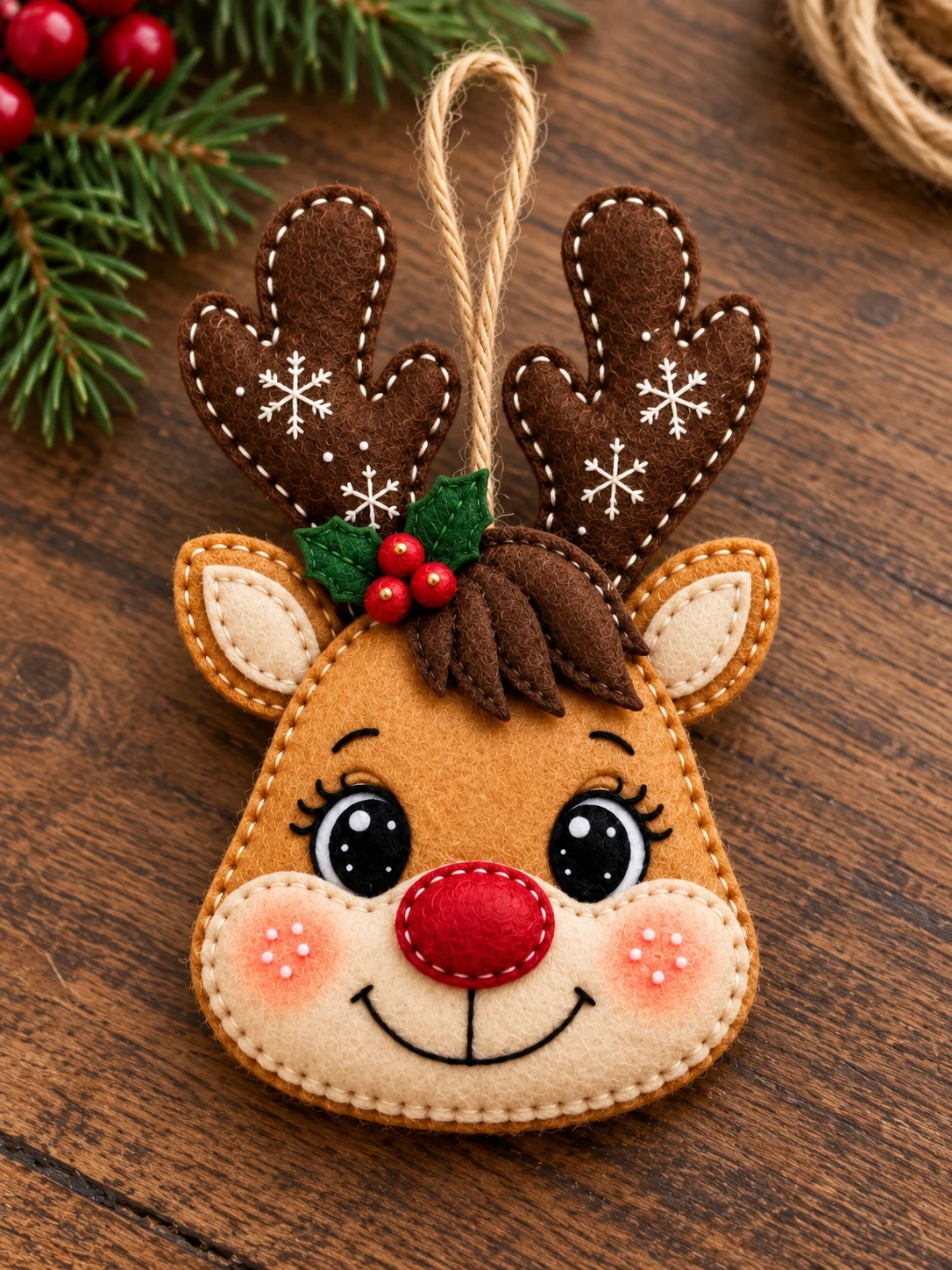 Finished hand-stitched felt reindeer head ornament with snowflake antlers and red nose