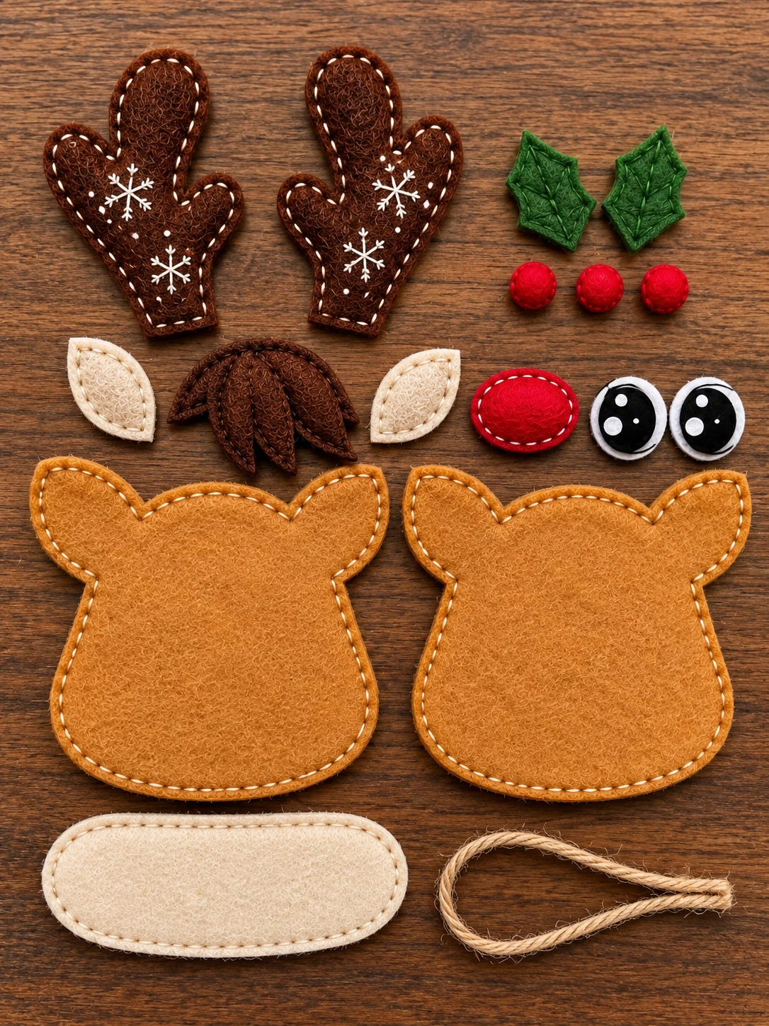Cut felt reindeer head, antlers, muzzle, ears, eyes and holly pieces on a wooden table