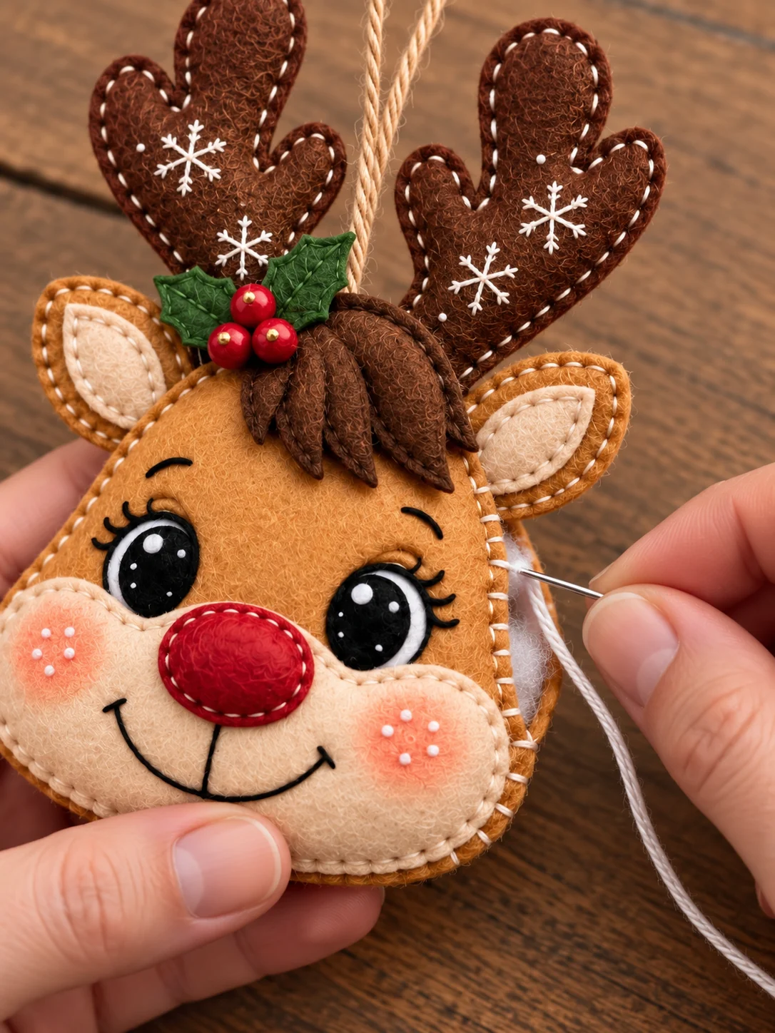 Finishing white blanket stitches around the stuffed felt reindeer head