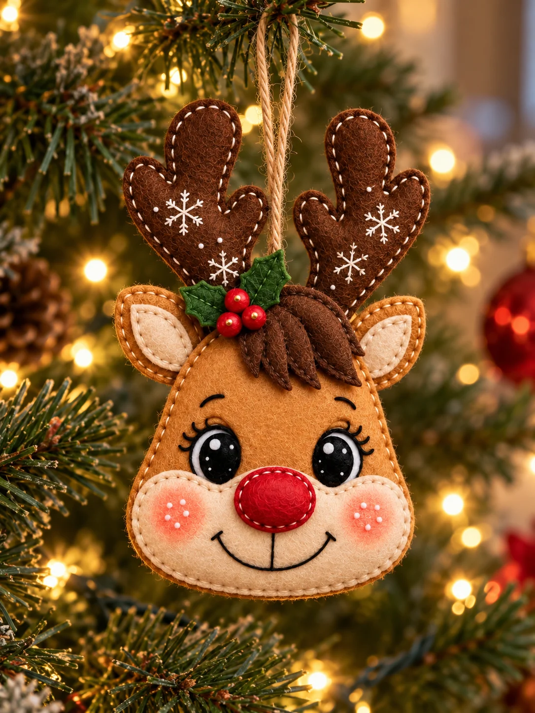 Handmade felt reindeer ornament with red nose and snowy antlers hanging on a Christmas tree