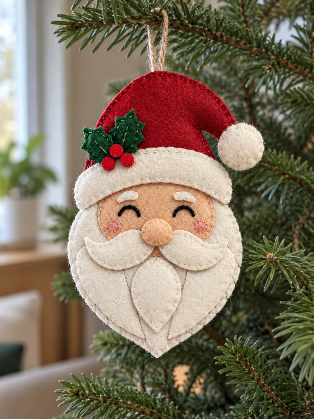 Felt Santa ornament hanging by its cord loop, with stitched closed eyes, a red hat, holly, and a layered ivory beard