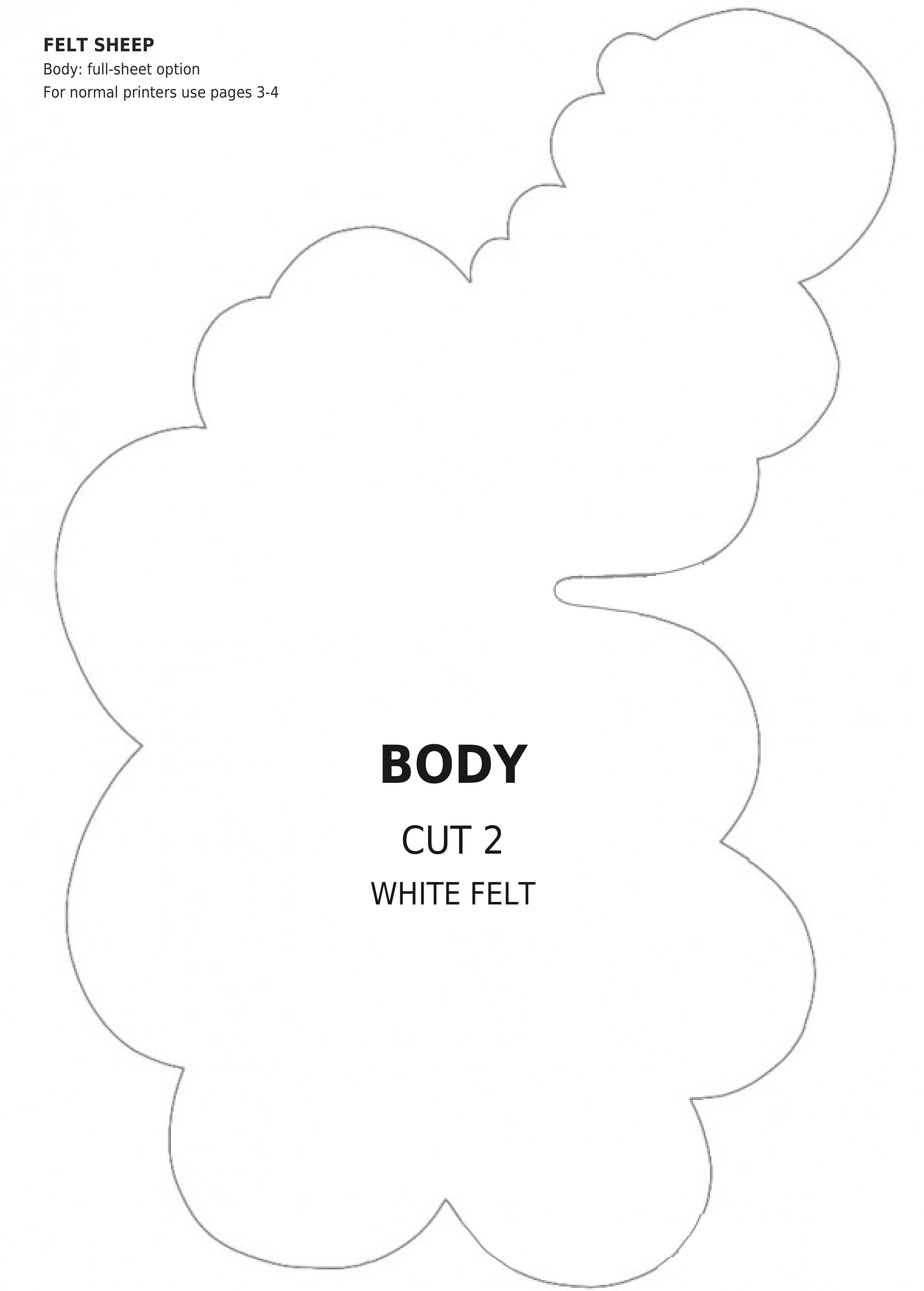 English felt sheep pattern page with the body outline