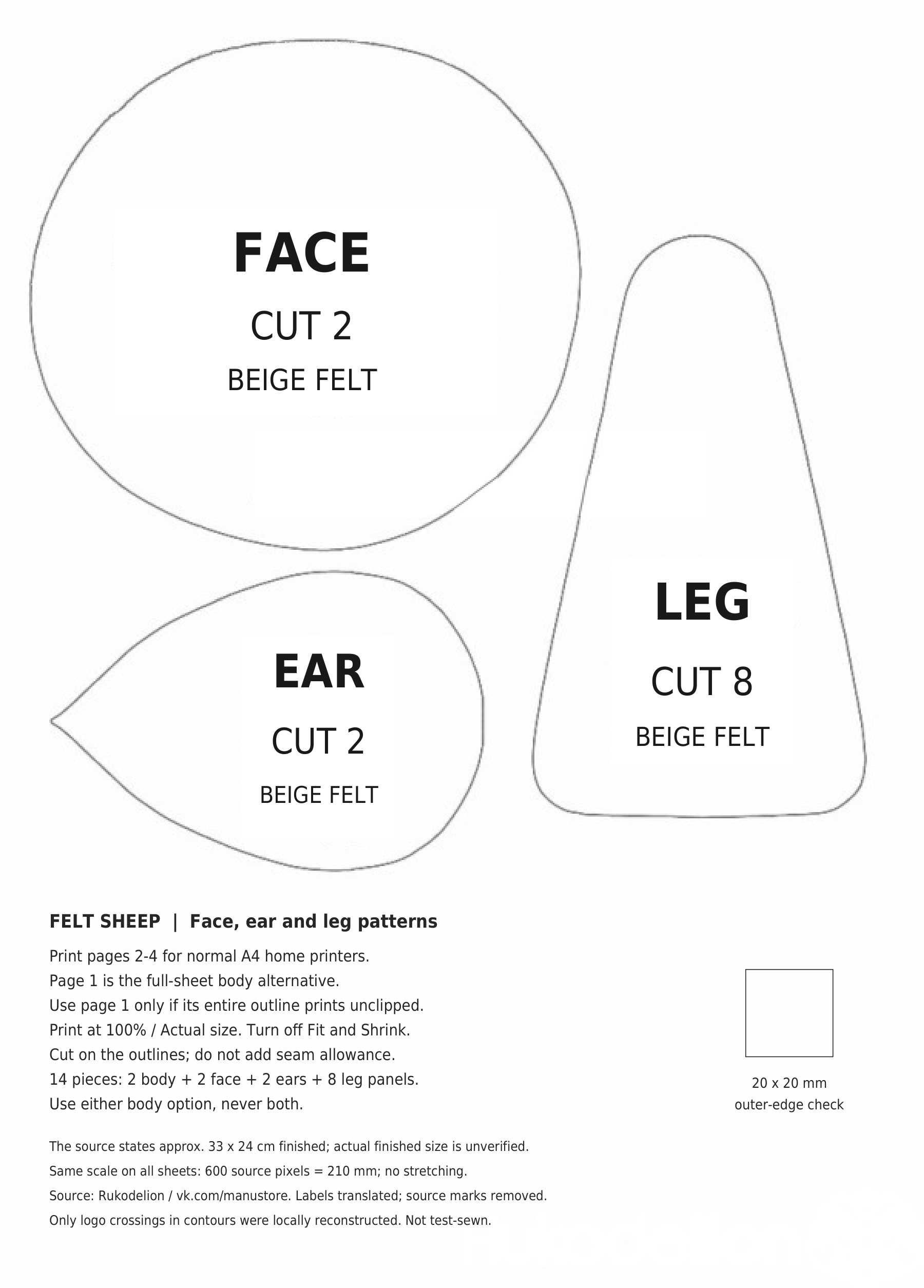 English felt sheep pattern page with face ear and leg outlines