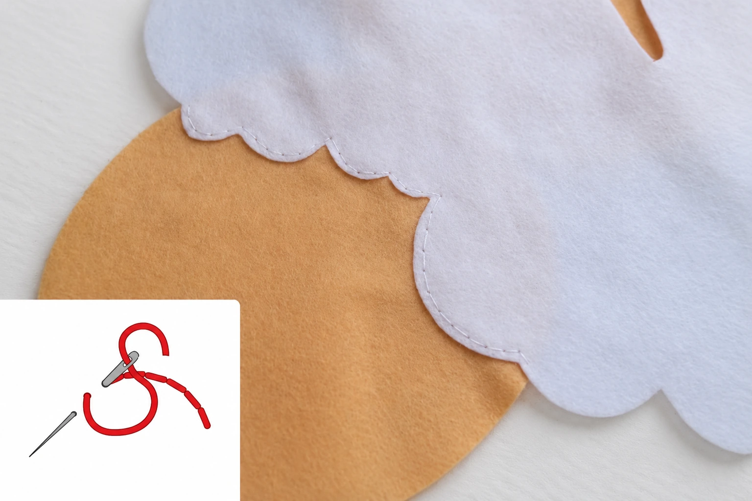 White backstitch attaching the scalloped body edge to the beige face