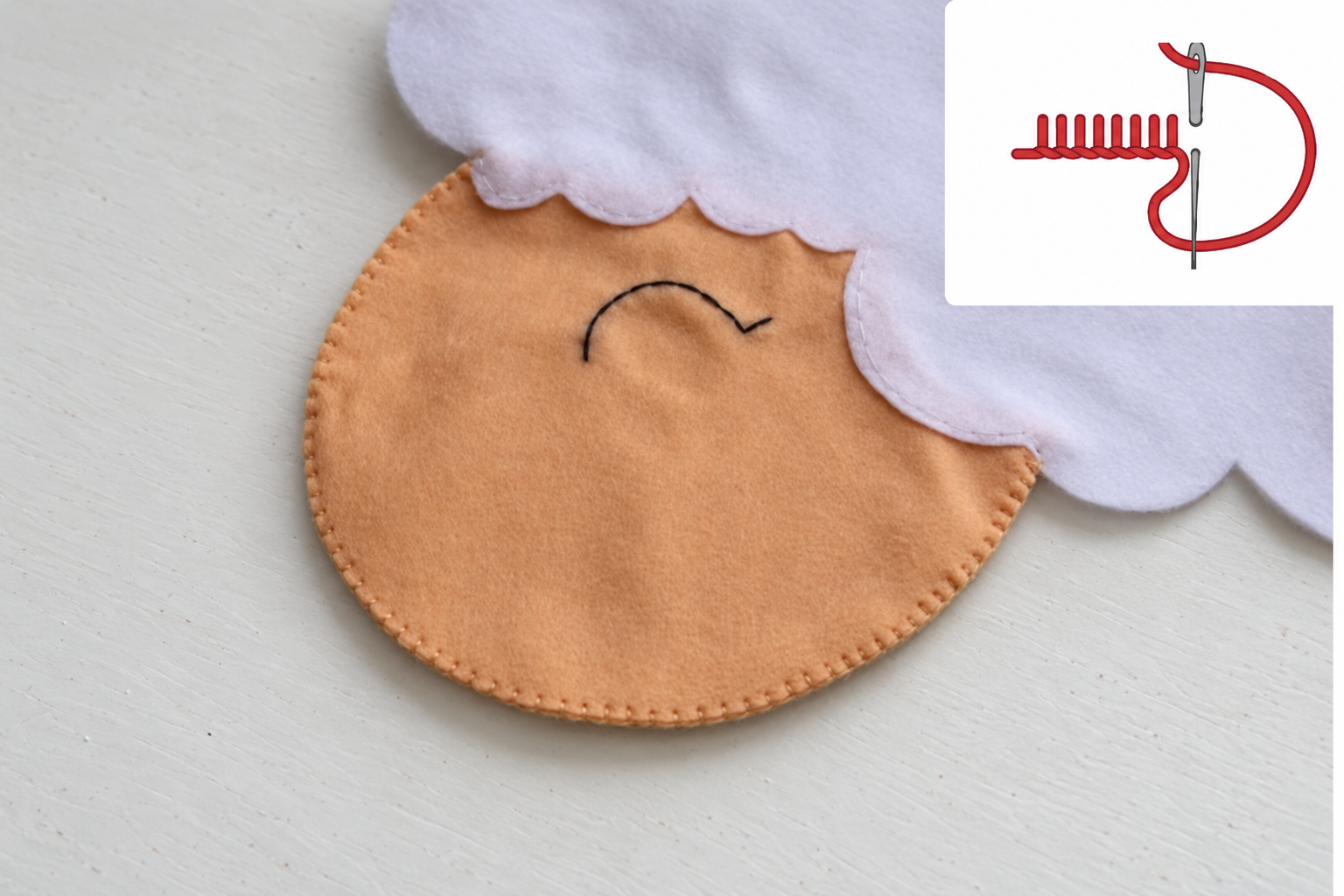 Beige blanket stitching joining the two face edges