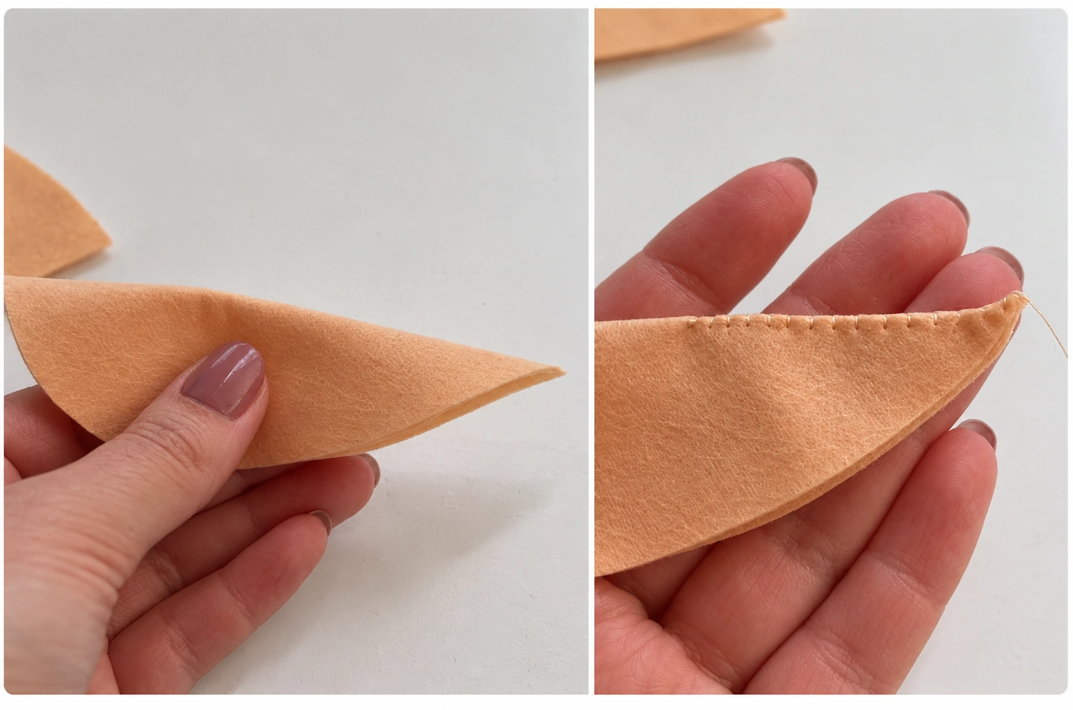 A beige felt ear folded lengthwise and stitched along part of the fold