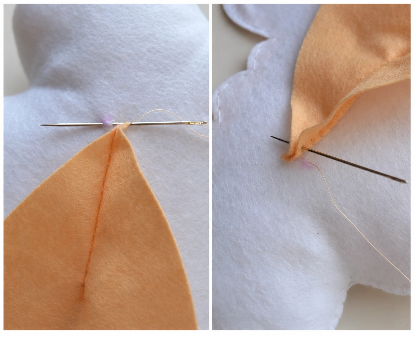 Close views of the stitches securing the folded ear base to the white head