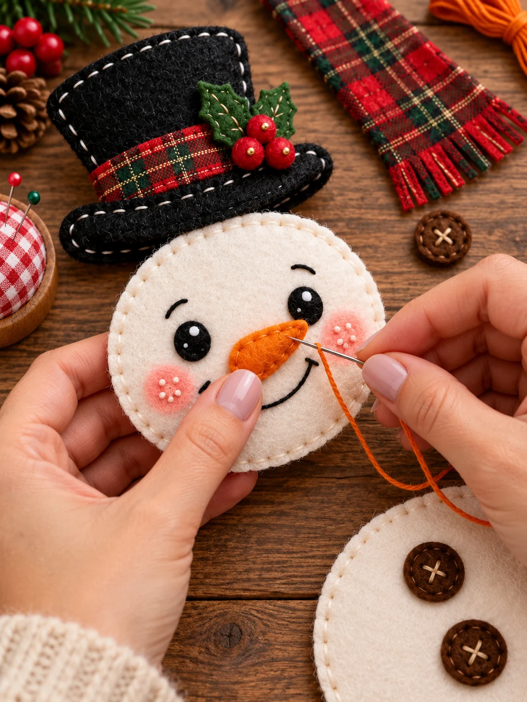 Hands stitching the carrot nose on a smiling felt snowman head