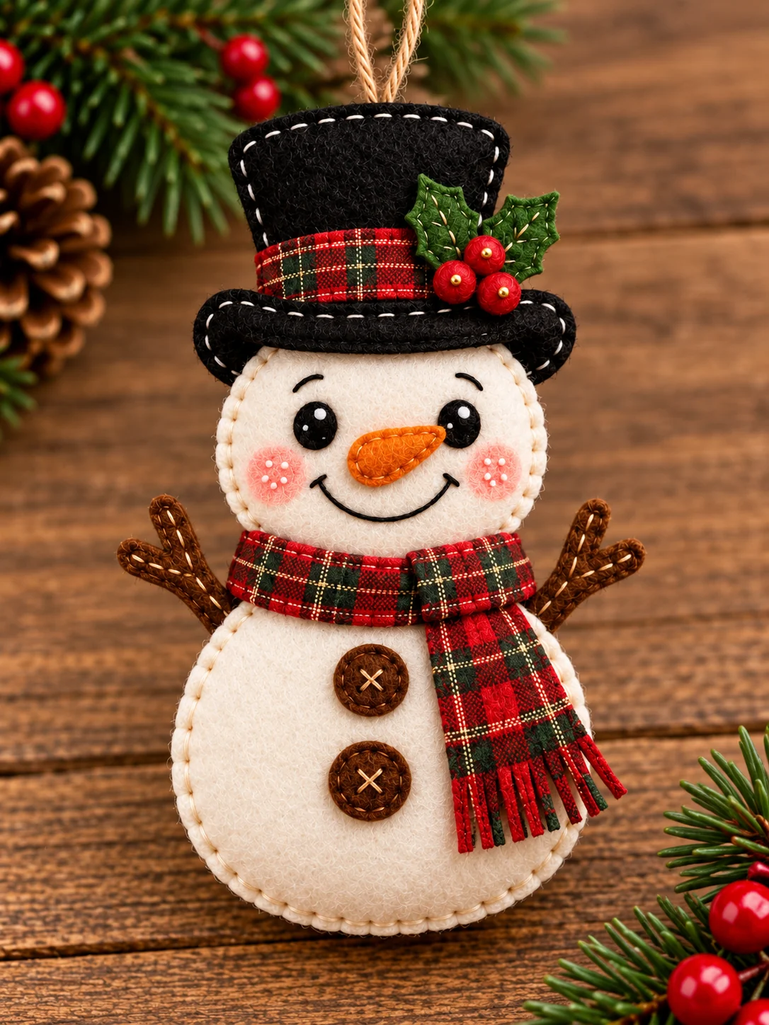 Completed felt snowman ornament with black holly hat plaid scarf twig arms and two buttons