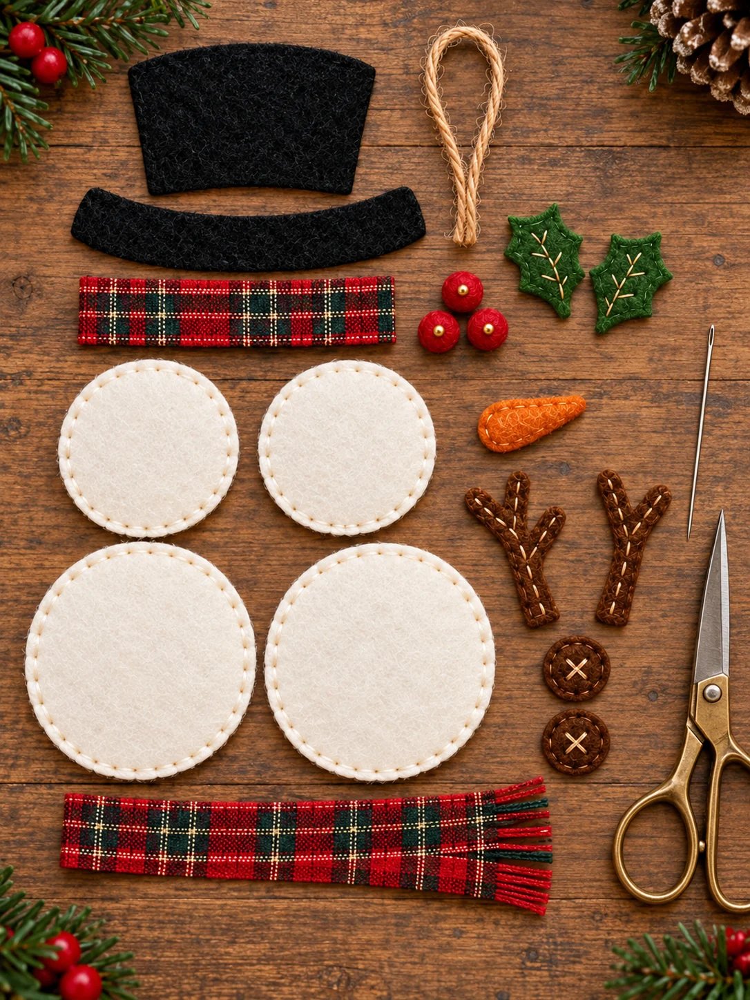 White felt snowman head and body pairs with black hat plaid scarf holly arms buttons and nose laid out