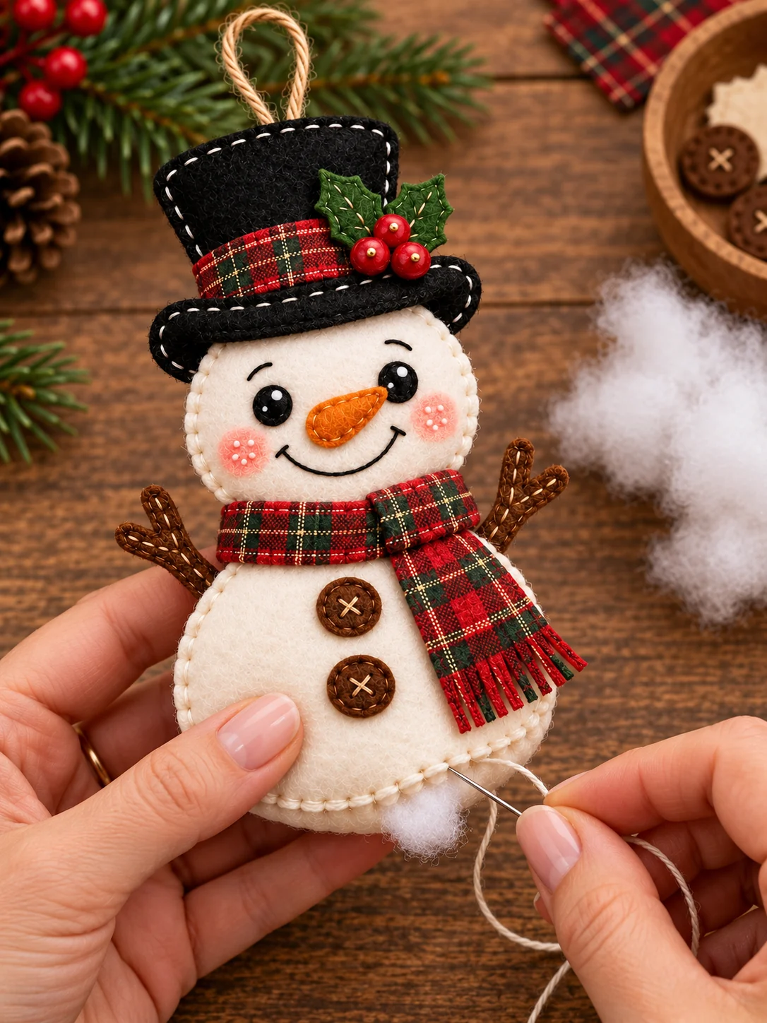 Hands closing the blanket stitch on the stuffed felt snowman body