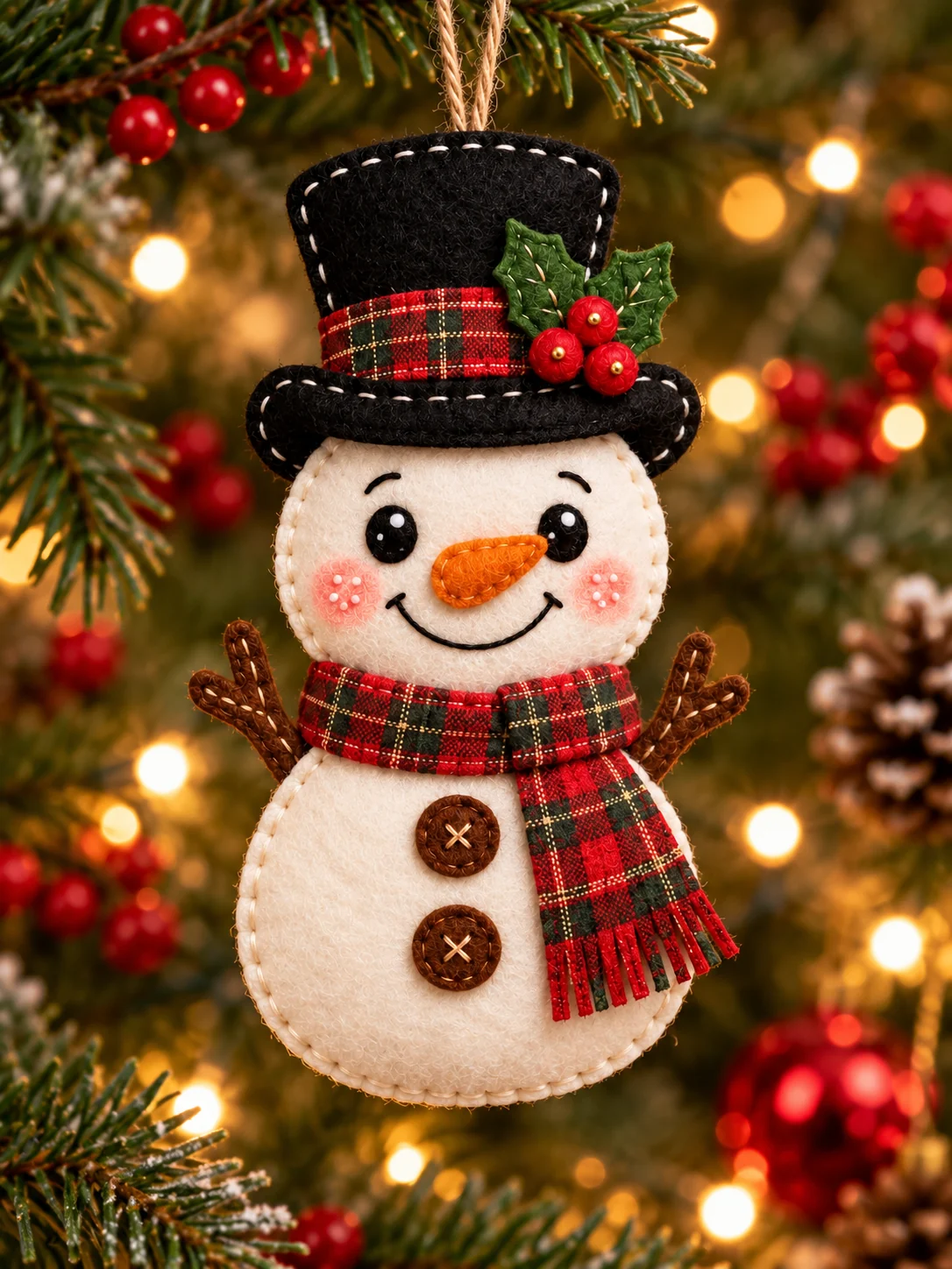 Handmade felt snowman with plaid scarf and holly top hat hanging on a Christmas tree