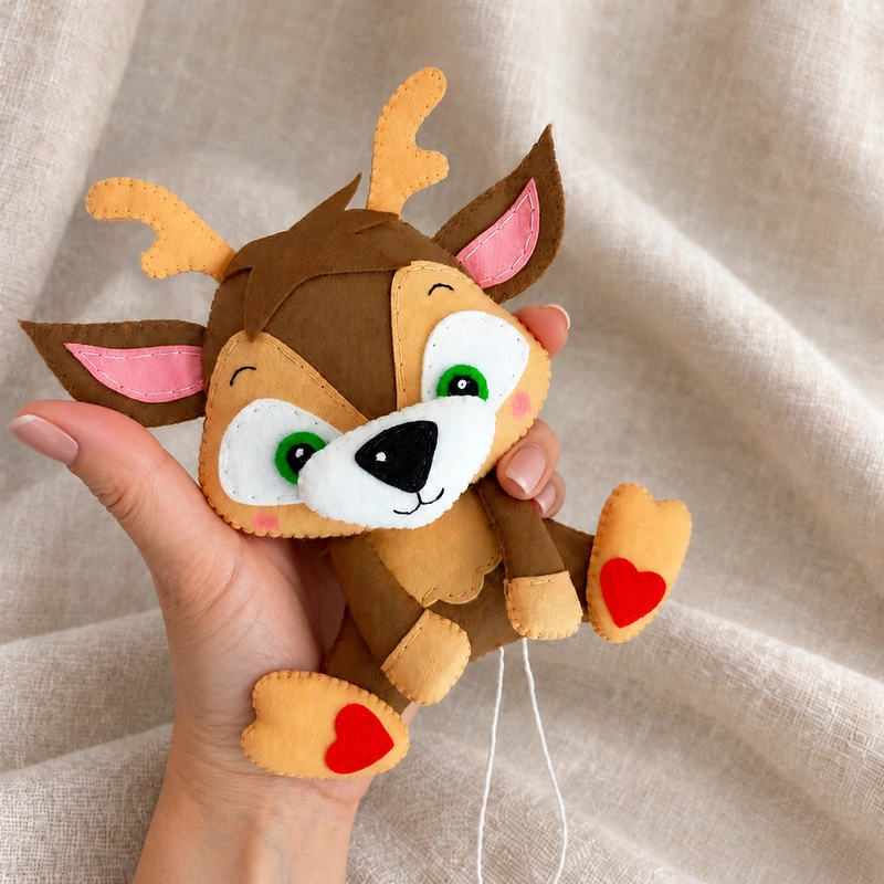Finished felt fawn with green eyes, pink ears, and red heart details on its feet