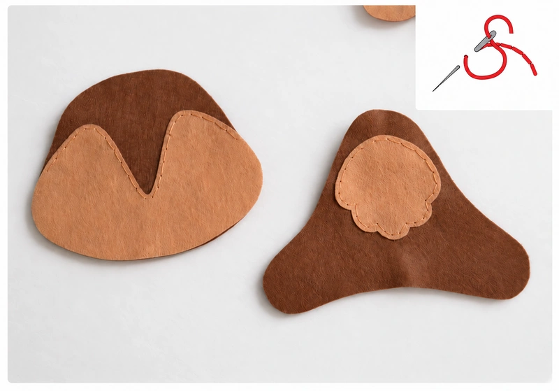 Beige appliqué patches sewn with backstitch, with a stitch diagram