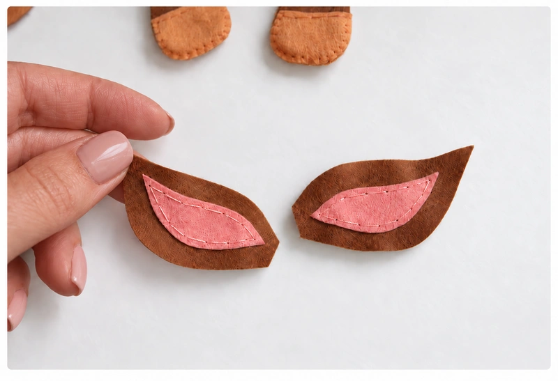Pink inner-ear pieces backstitched onto brown felt ears
