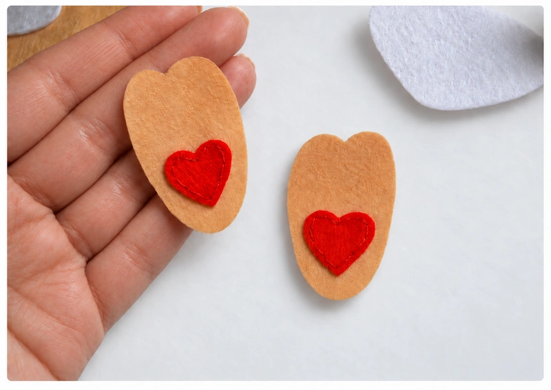 Red felt hearts stitched onto two beige hind-leg pieces