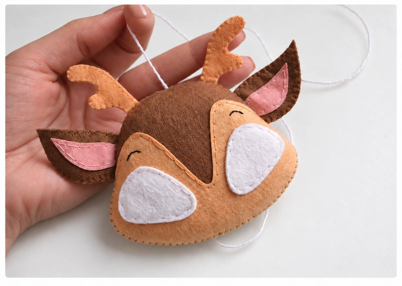 Stuffed felt fawn head with the hanging cord emerging from the crown