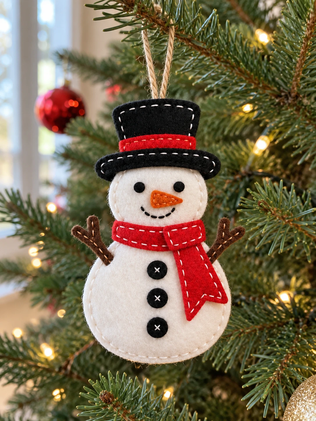 The red-scarf felt snowman hanging from an evergreen branch.