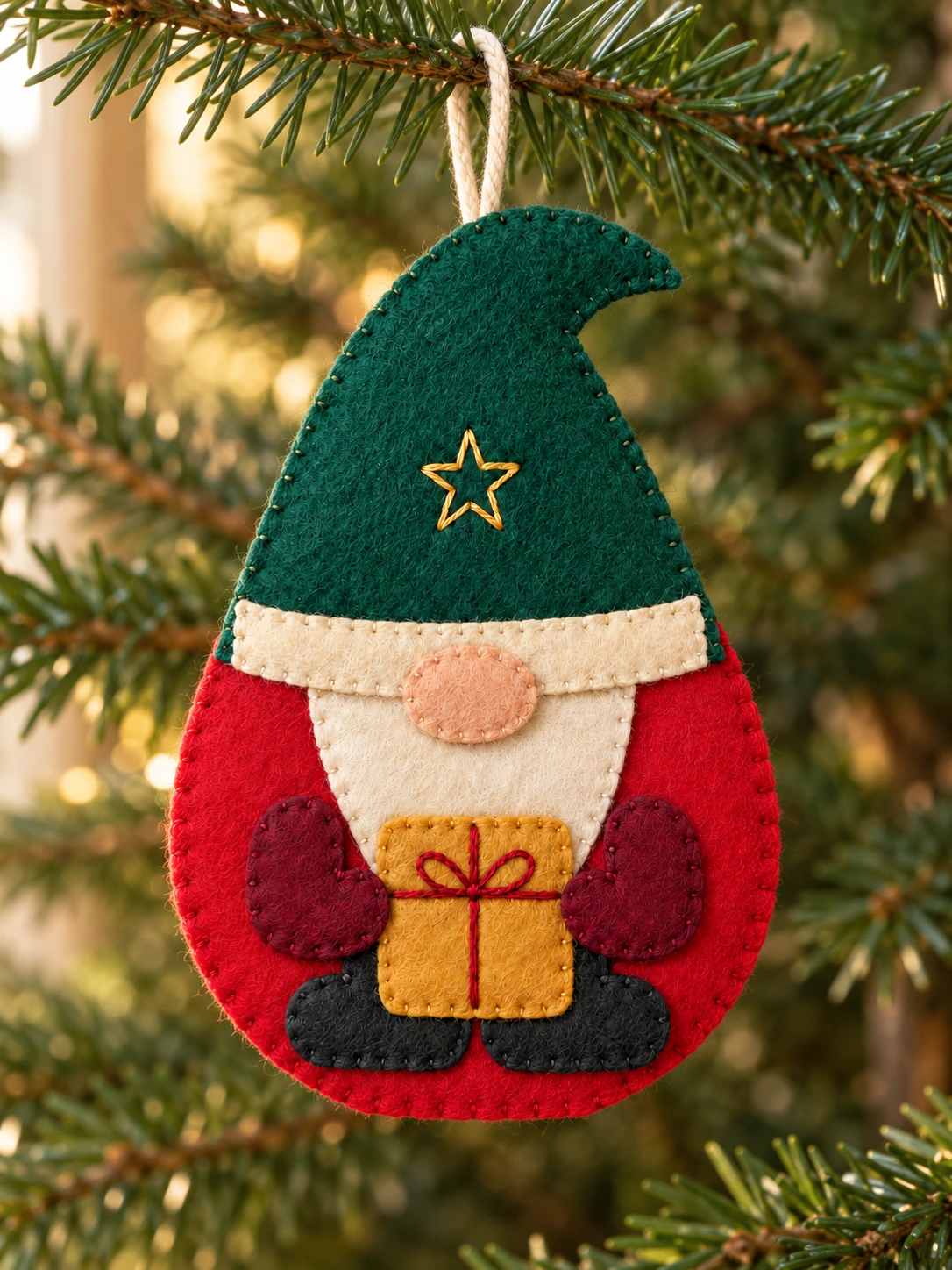 Winter Gift Gnome felt ornament hanging from an evergreen branch by its cream cord.